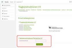 Selbsteinschreibung mit Hilfe des Einschreibeschlüssels in den gewünschten Moodle-Raum des Lehrstuhls Tragkonstruktionen